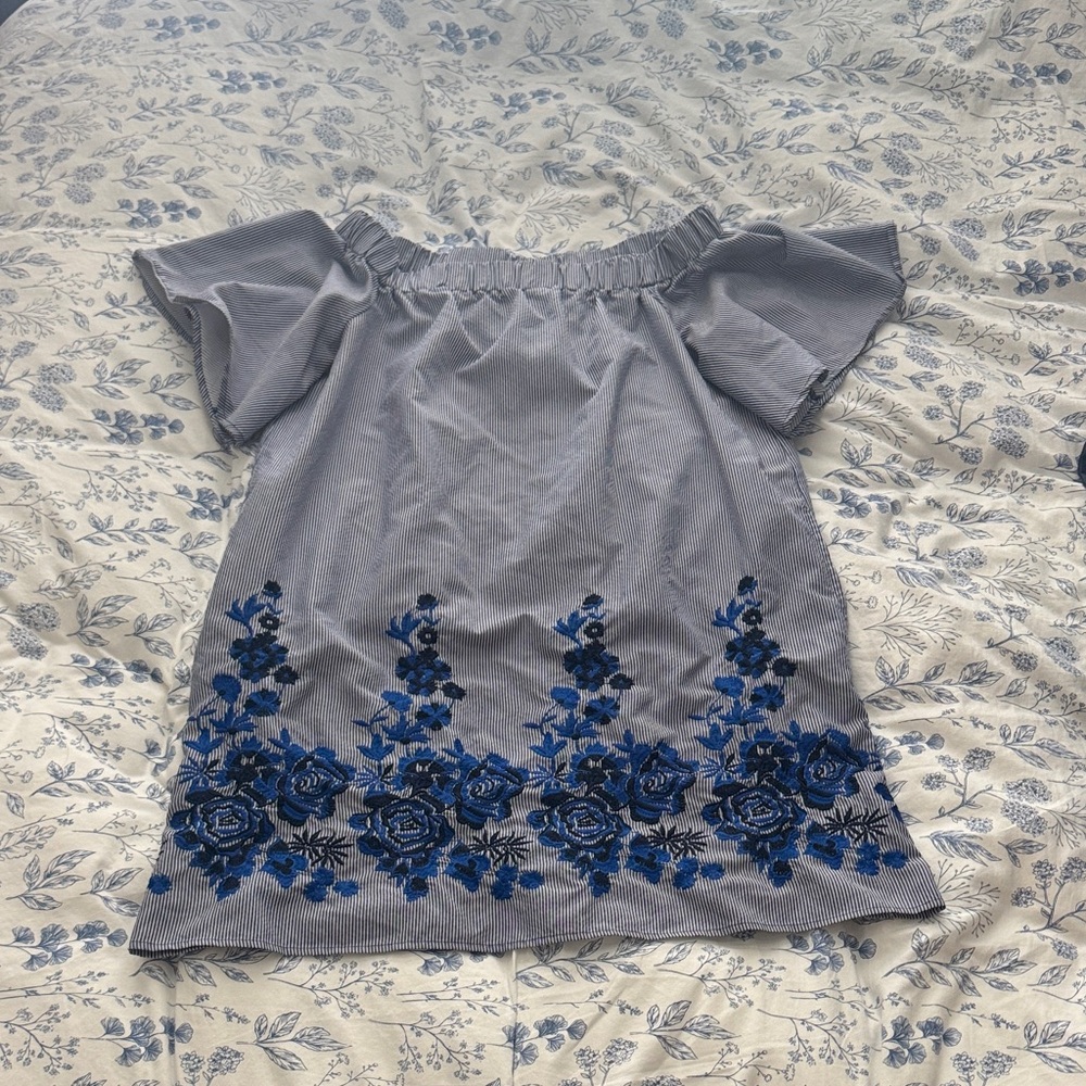 Blue Embroidered Off-Shoulder Women’s Dress